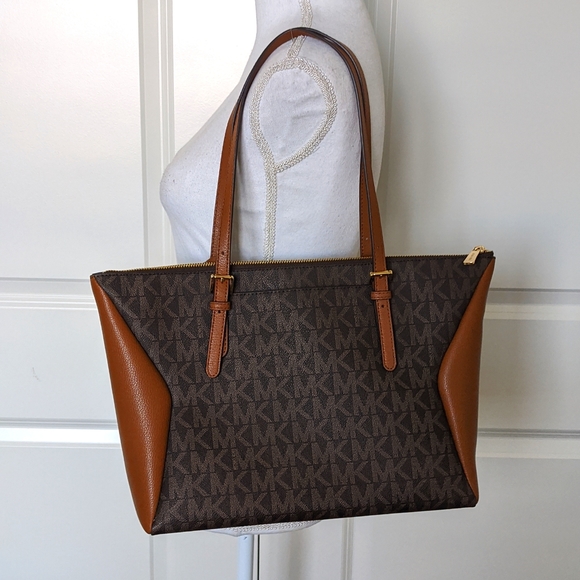 Michael Kors Coraline Tote Bag Signature Luggage Logo and Brown Leather - Picture 9 of 13